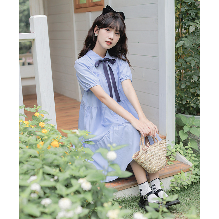 實拍襯衫連衣裙女2024夏寬鬆高腰泡泡袖休閒中長款短袖蛋糕裙女