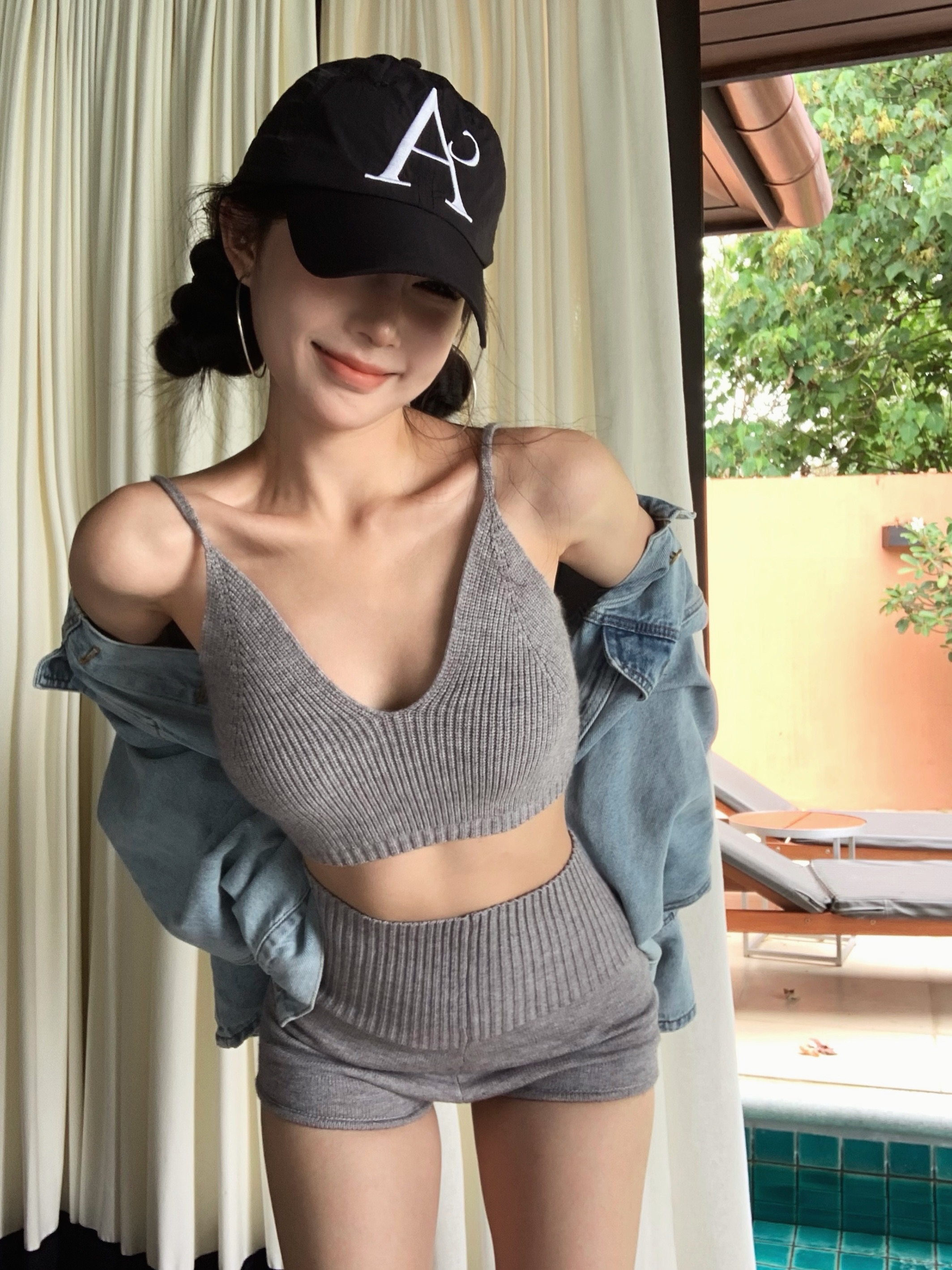 實拍 美式休閒針織兩件套純欲修身短款背心高腰顯瘦短褲