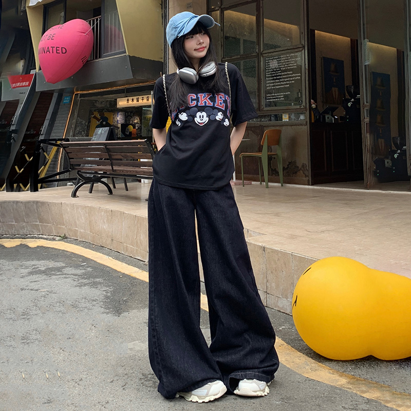 丹寧深藍色復古垂感牛仔褲女2024新款慵懶闊腿褲時尚梨形身材長褲