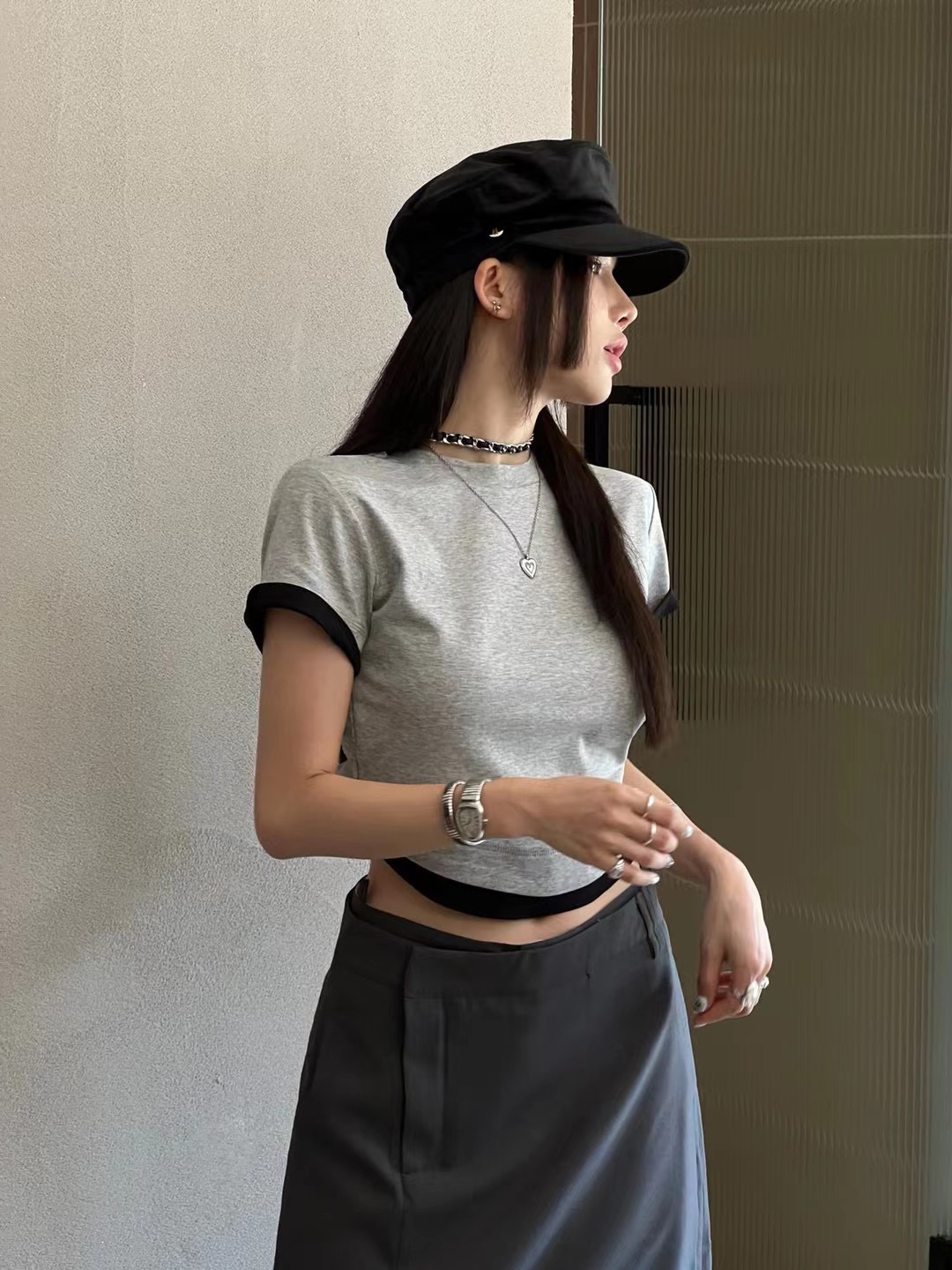 純棉質拼色圓領短袖T恤春夏新款百搭休閒套頭T恤上衣女