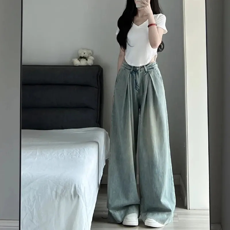 復古做舊闊腿牛仔褲女新款高腰垂感寬鬆顯瘦梨形身材長褲子潮