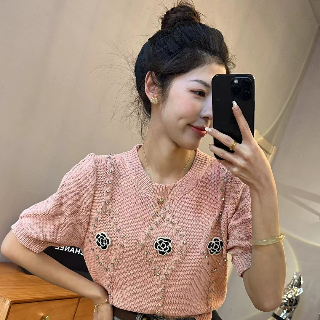 法式小香風山茶花圓領套頭短袖針織衫女春夏甜美釘珠收腰短
