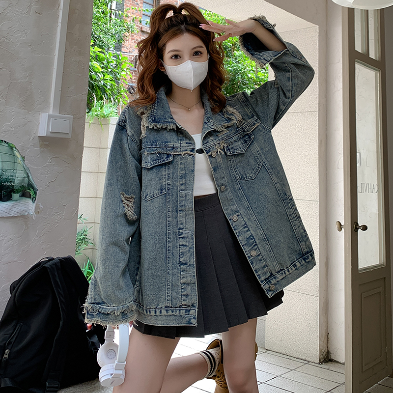 實拍~復古毛邊牛仔外套女2024年新款設計感小眾寬鬆夾克上衣