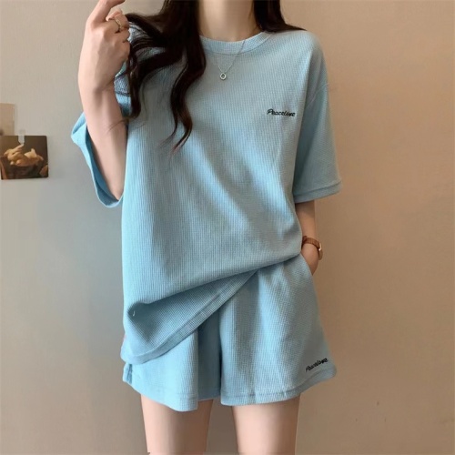 Actual shot of Korean style waffle new summer letter short-sleeved shorts two-piece set women's casual sports suit