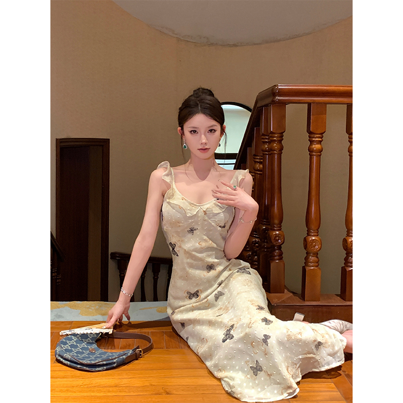 實拍 荷葉邊蝴蝶吊帶連衣裙女夏季溫柔風氣質修身長裙