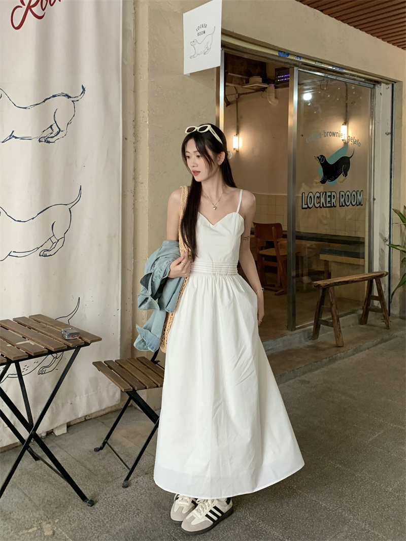 實拍 韓版氣質溫柔風收腰顯瘦V領長裙女百搭牛仔襯衫套裝