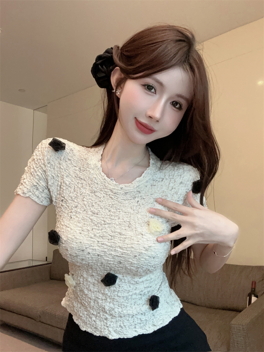 實拍 設計感性感辣妹立體玫瑰花朵圓領短袖修身顯瘦皺褶T恤上衣