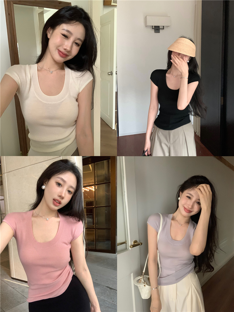 天貓品質低領短袖針織打底衫女夏季薄款辣妹純欲修身顯瘦上衣