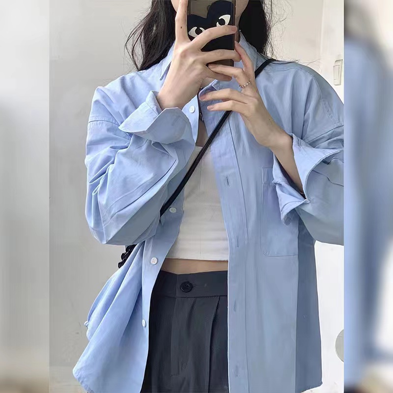 法式高級感小個子藍色襯衫女春秋款長袖上衣襯衣小眾外套