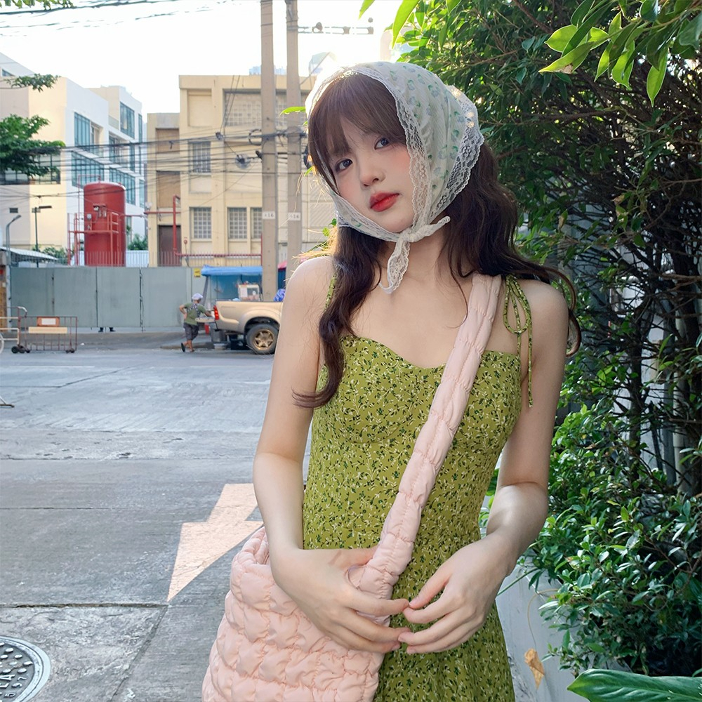 美式清新少女肩部系帶綠色印花吊帶連衣裙女夏收腰顯瘦a字裙短裙