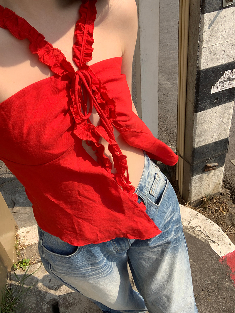 實拍花邊露背抹胸吊帶背心女夏海邊度假開叉性感辣妹外穿上衣