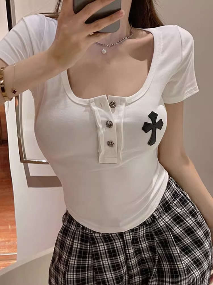 性感露臍方領甜辣小上衣修身短款獨特黑色短袖t恤女新款2024夏裝