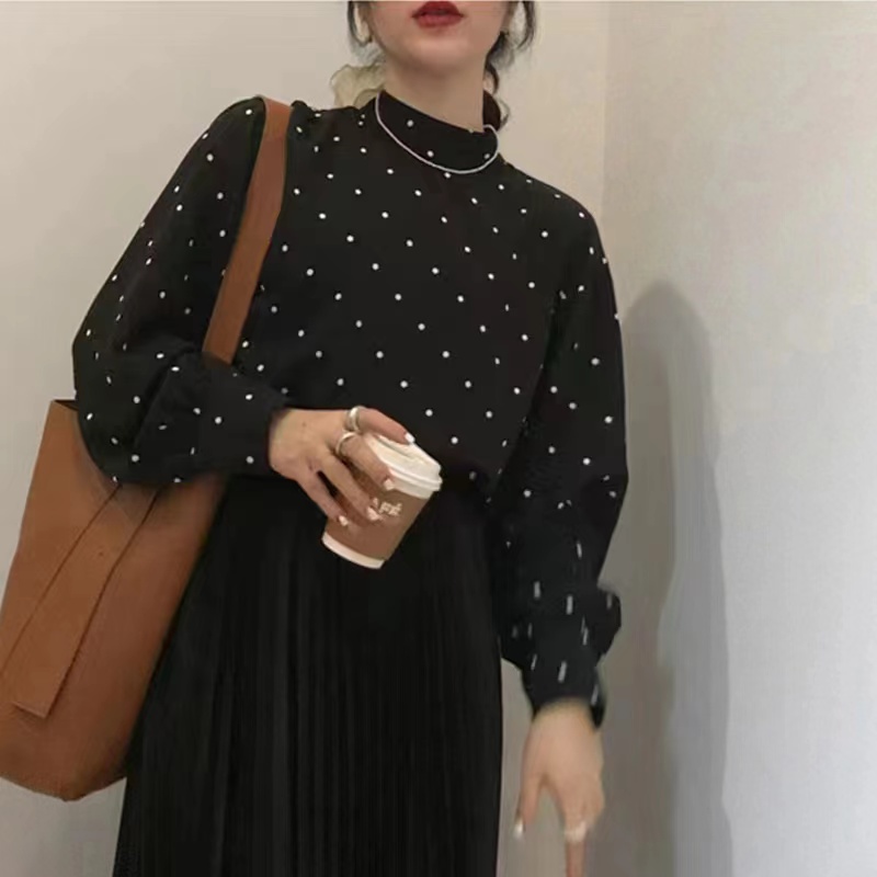 韓國chic法式復古黑白小波點半高領寬鬆泡泡袖打底襯衫上衣女