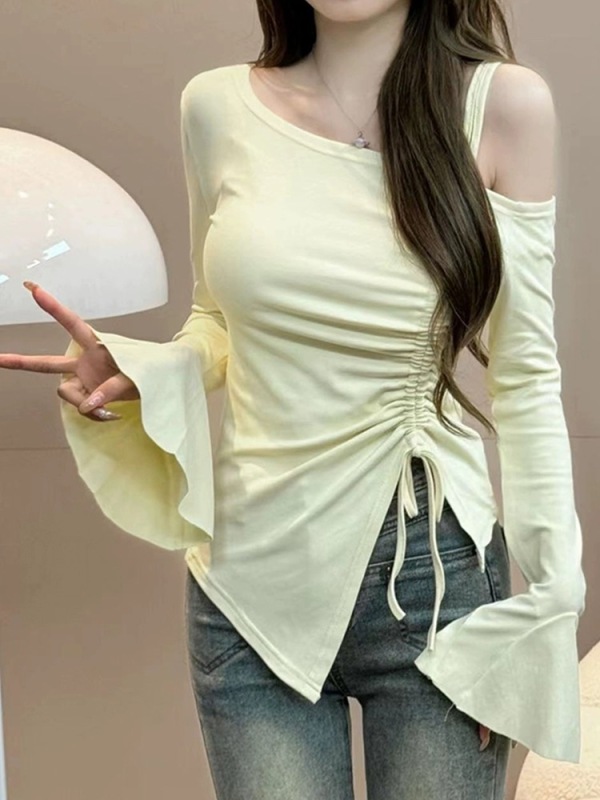 純欲風氣質時尚露肩抽繩長袖T恤女不規則修身顯瘦長袖棉打底上衣