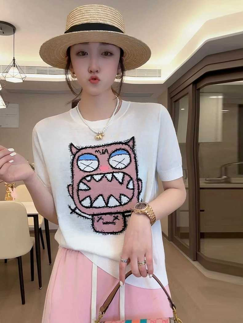 天貓品質新款夏季短袖針織衫女設計感小眾顯瘦小怪獸減齡上衣