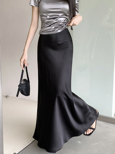 Actual shot ~ 2024 new Korean style acetate satin skirt elastic waist slimming fishtail skirt French long skirt