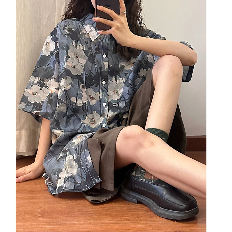 官圖四面彈印花美式復古碎花短袖襯衫女夏設計感小眾別致襯衣