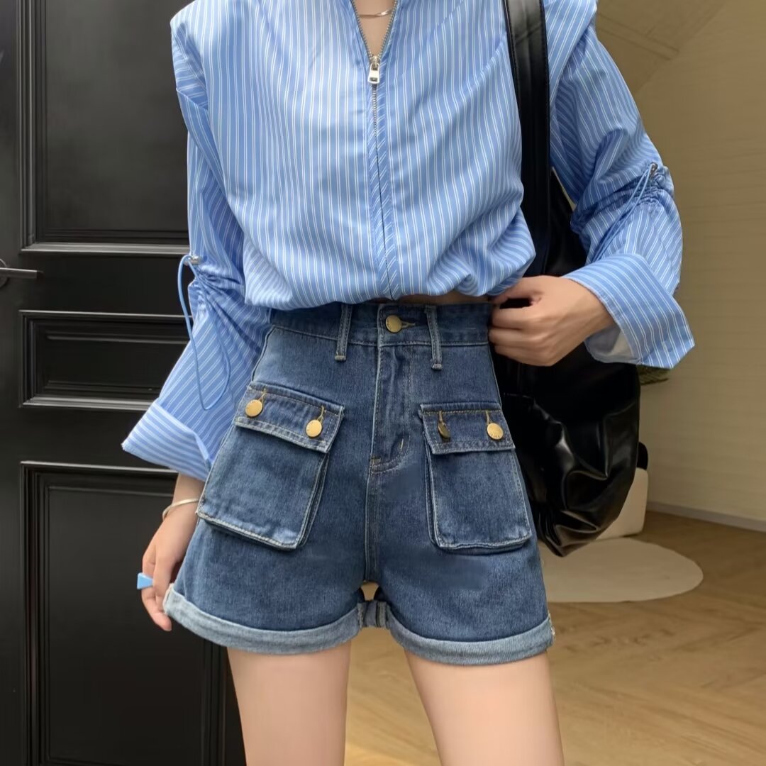 復古卷邊高腰牛仔短褲女夏寬鬆闊腿褲辣妹a字直筒熱褲子