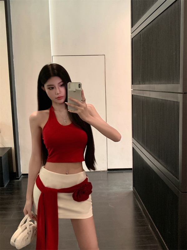 實拍  拆卸花朵腰帶半身裙包臀裙+女辣妹掛脖吊帶上衣背心
