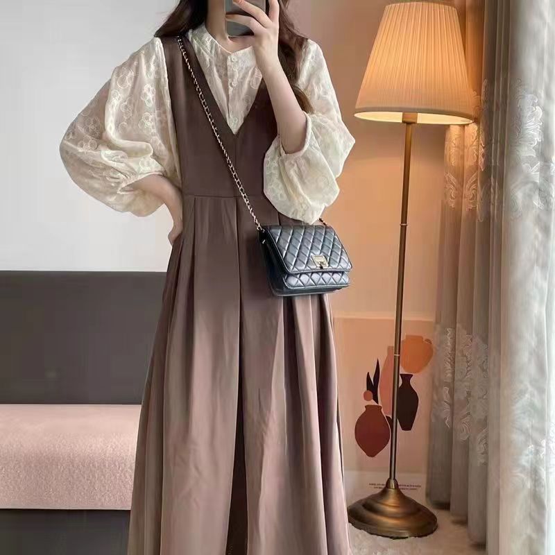 兩件套大碼女裝2024春秋新款胖妹妹法式復古顯瘦雪紡襯衫+背帶裙