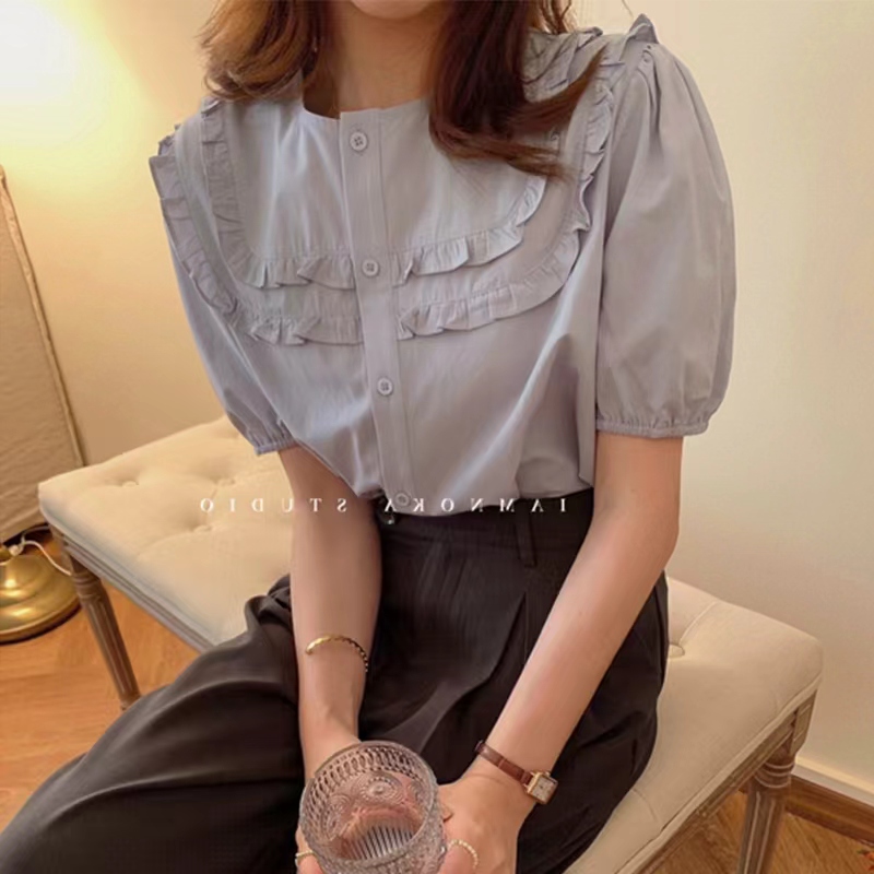 花邊設計感藍色短袖襯衫女2024年夏季新款法式韓系小個子別致上衣