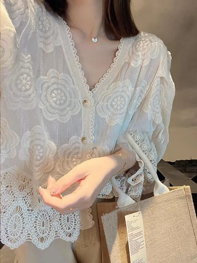 v領開衫蕾絲玫瑰花雪紡襯衫女秋季新款法式復古寬鬆長袖上衣