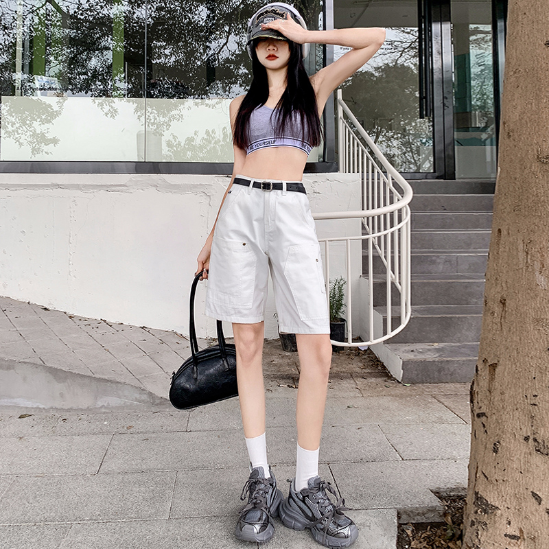 實拍~米白色牛仔五分褲女2024春季新款工裝口袋寬鬆休閒闊腿中褲