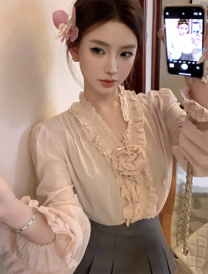 實拍 玫瑰花襯衣木耳邊襯衫新中式設計感上衣