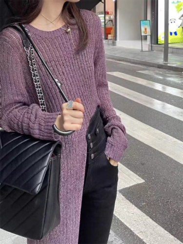 Retro Hong Kong style slit mid-length sweater for women autumn new lazy style round neck pullover versatile loose sweater