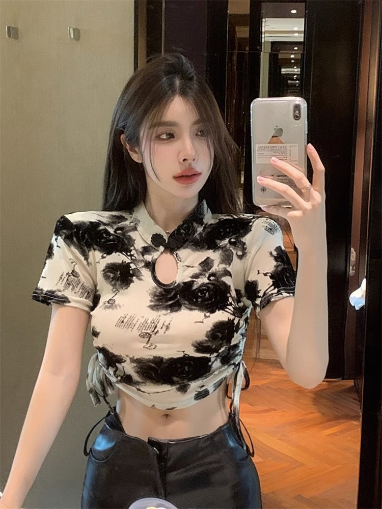 新中式盤扣扎染短袖t恤女設計感小眾夏季純欲甜辣妹性感短款上衣
