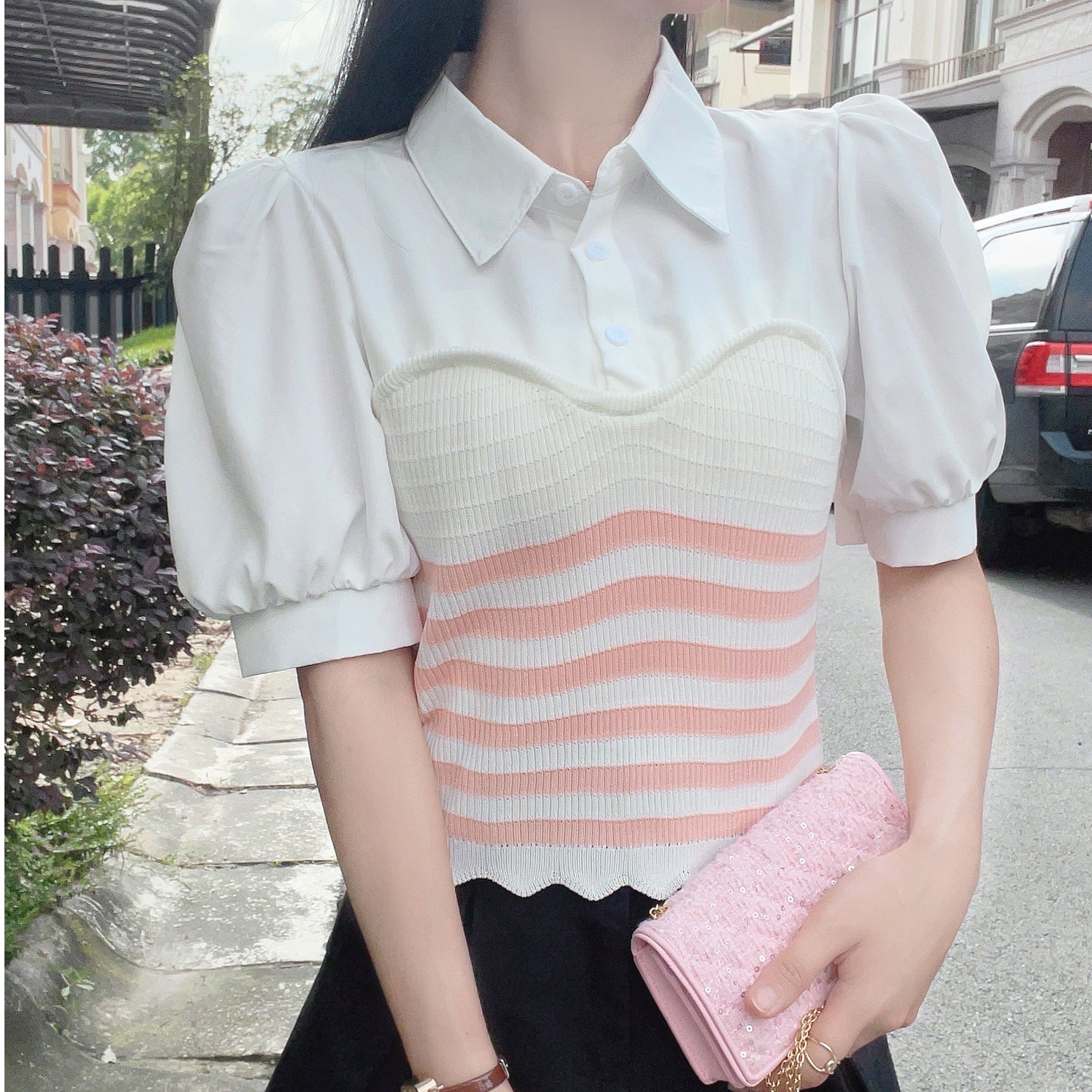 不規則polo領拼接上衣女2024夏新款韓版洋氣條紋顯瘦假倆件針織衫
