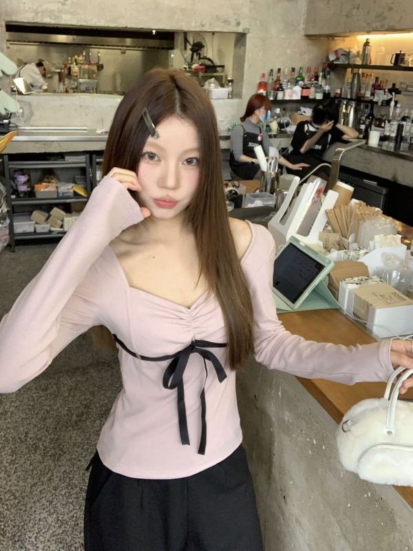 實拍三標齊法式少女粉感蝴蝶結綁帶純欲上衣打底衫
