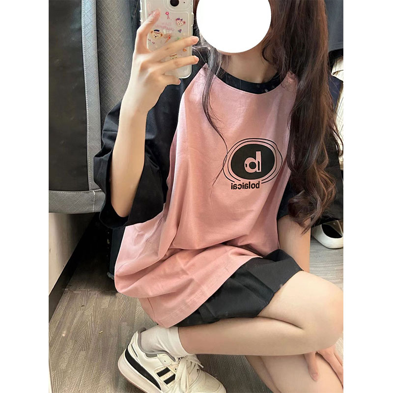 2024年夏裝220g插肩袖100%棉 撞色拼色空白版短袖T恤女純棉M-3XL