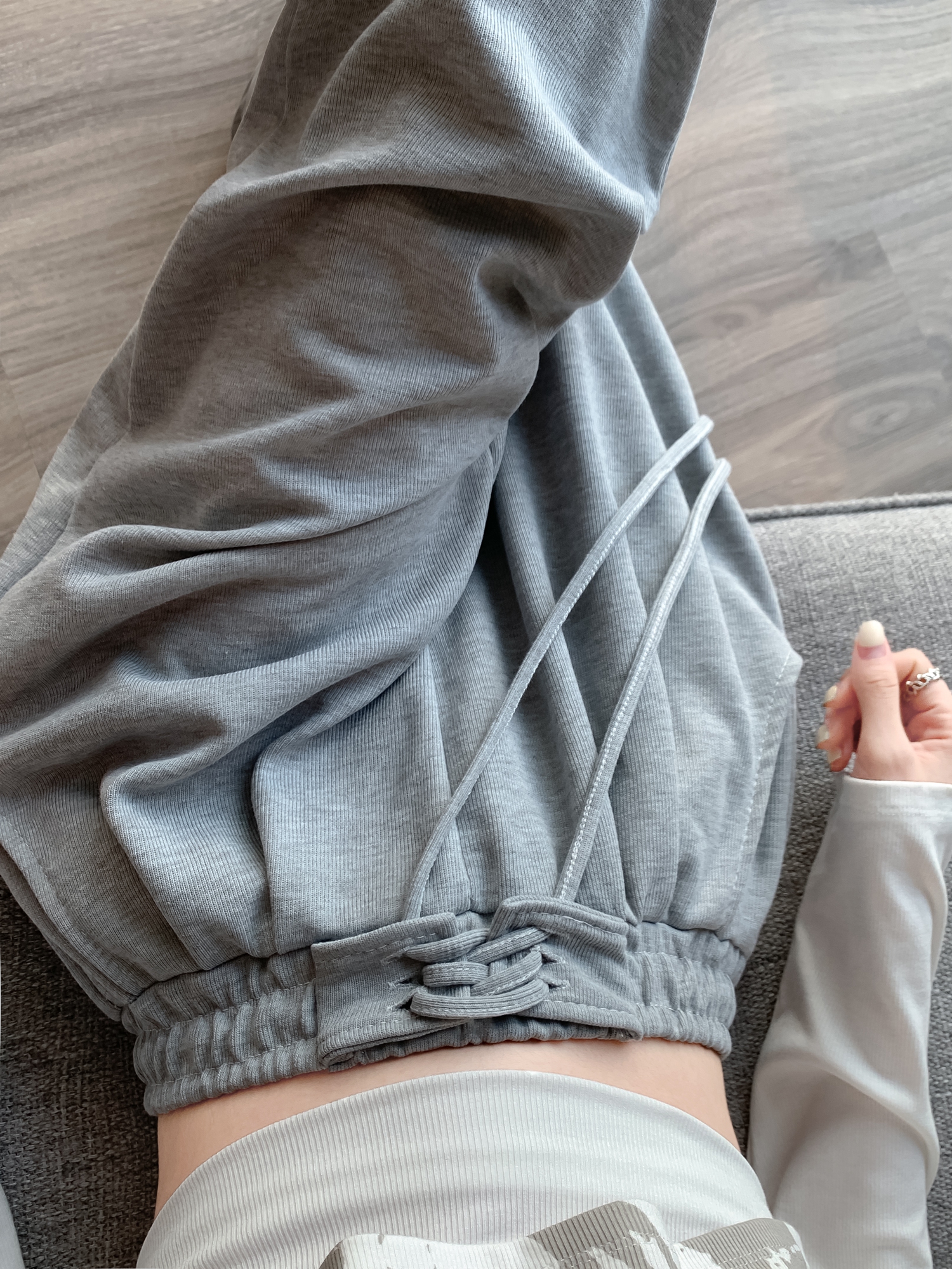 實拍 CVC米妮 闊腿褲女春秋綁帶運動褲高腰垂感直筒休閒褲