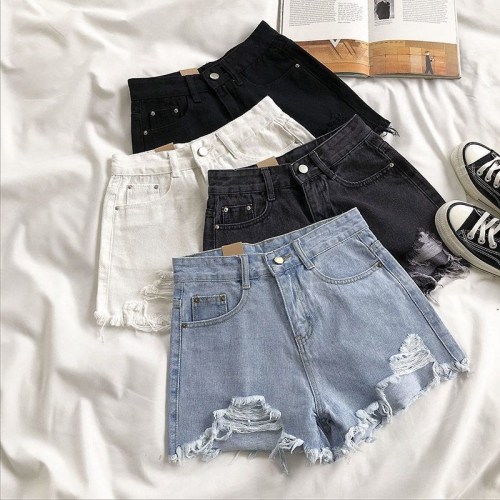 2024 Summer Korean Style Raw Edge Ripped Denim Shorts Women's Large Size Fat MM Wide Legs Slimming Straight A-Line Hot Pants