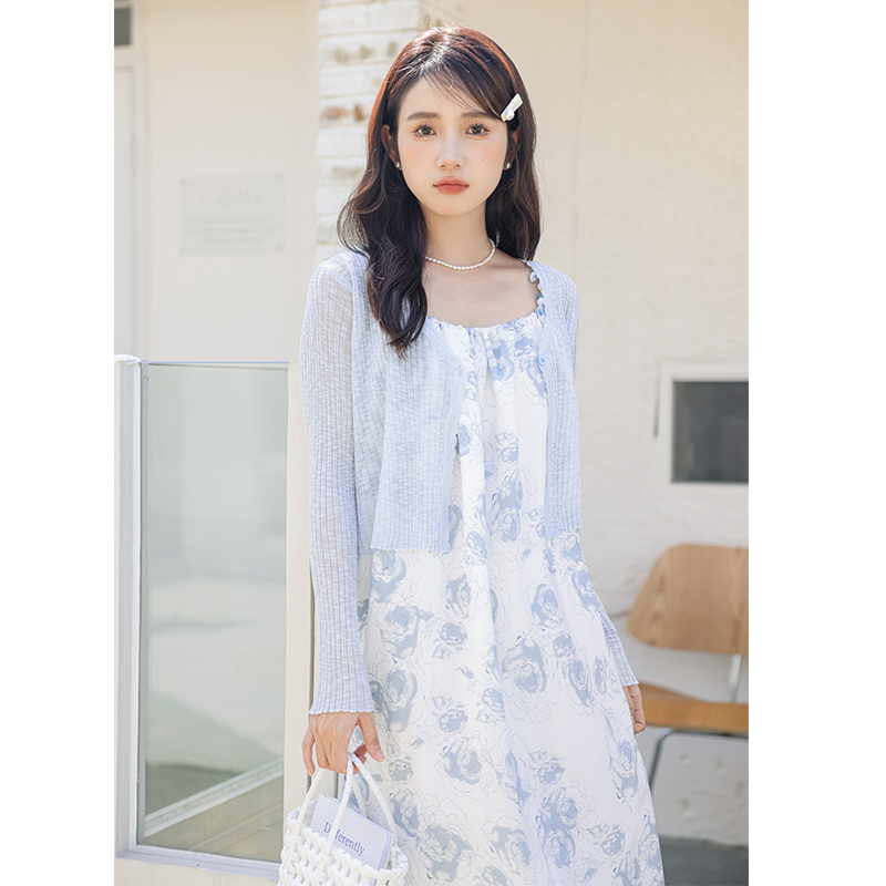 實拍2024夏季新款仙女印花質感吊帶連衣裙子