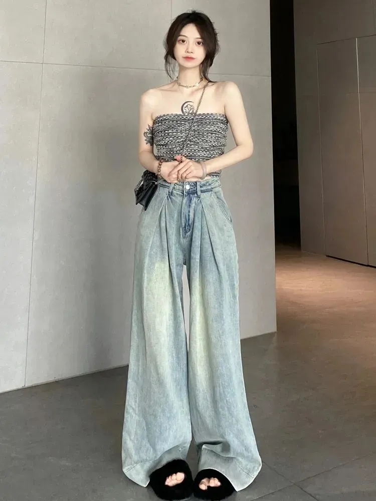 復古闊腿牛仔褲女秋季梨形身材穿搭寬鬆遮肉顯瘦垂感拖地大喇叭褲