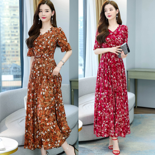 New 2024 short-sleeved women's floral new dress summer chiffon long skirt v-neck high waist covering belly slimming skirt fairy