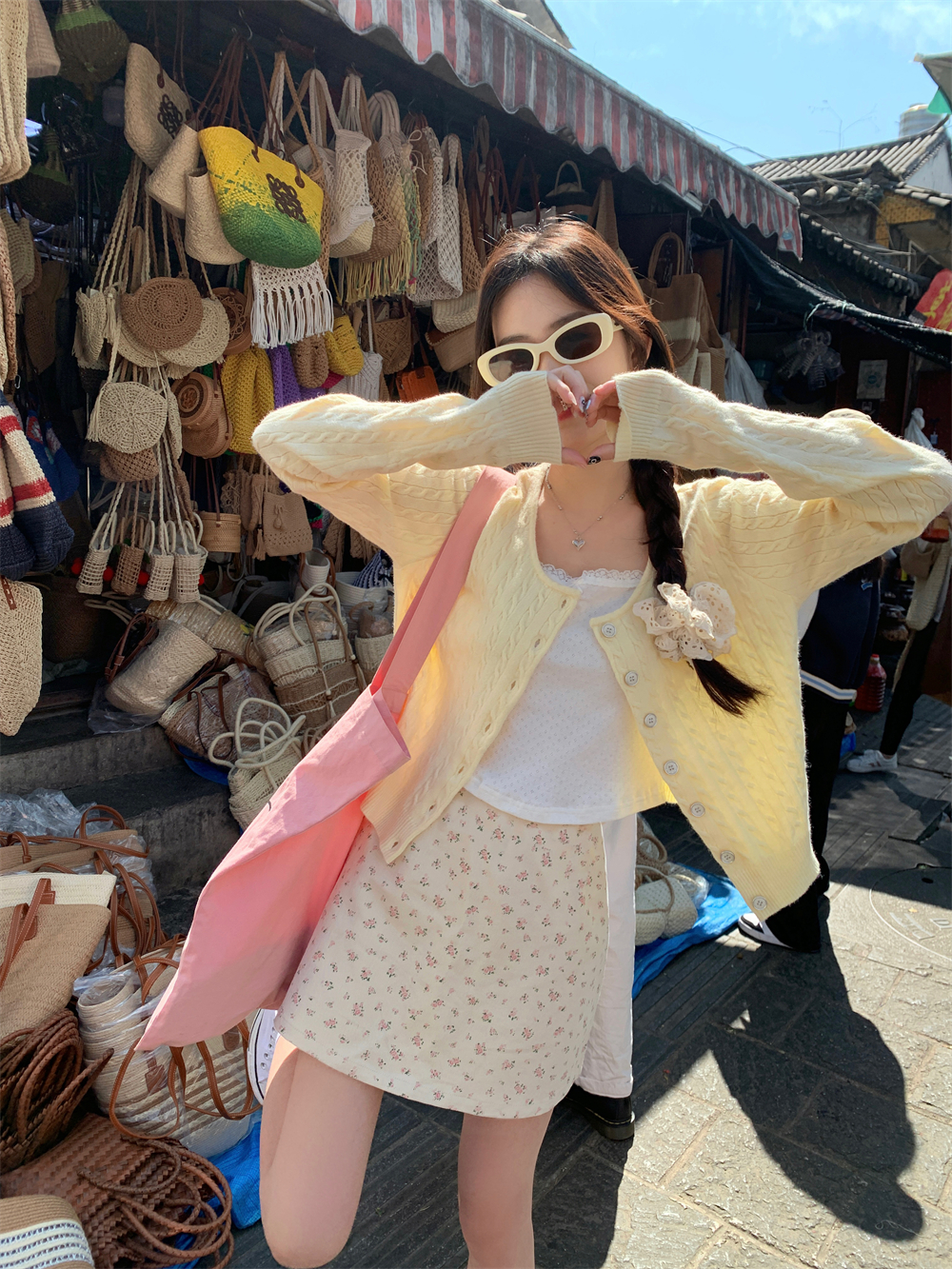 實拍~ 韓版百搭麻花開衫毛衣女甜美碎花半身裙蝴蝶結吊帶套裝