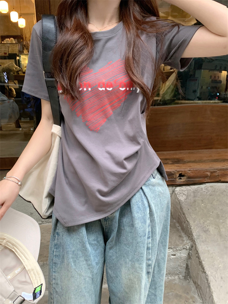 ～大碼愛心短袖T恤女修身顯瘦印花百搭打底上衣