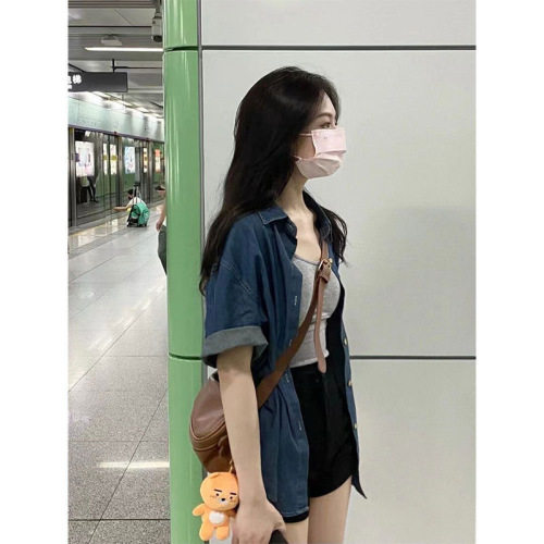2024夏季韩版牛仔短袖衬衫女宽松设计感小众复古港味半袖上衣外套