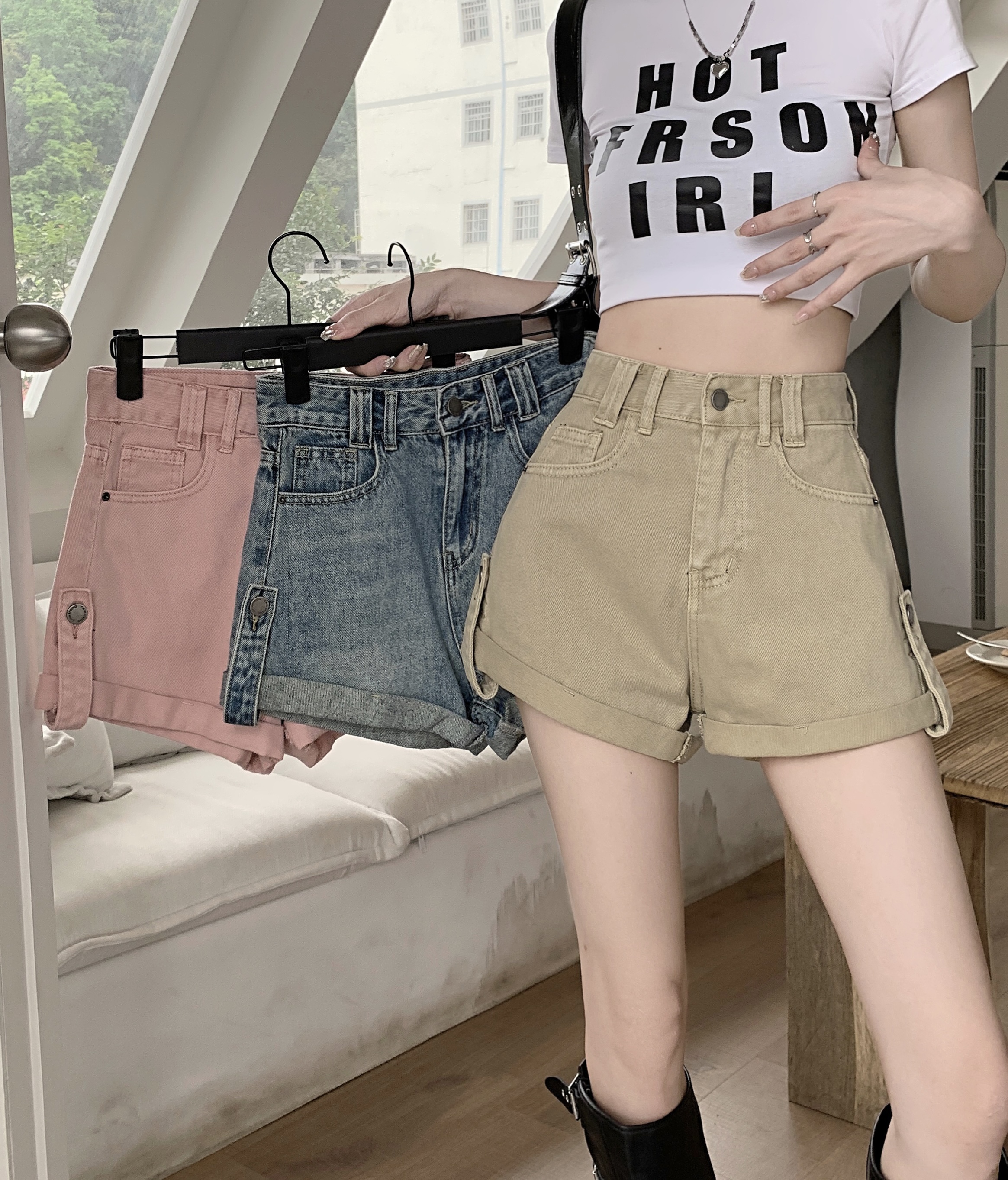 實拍牛仔短褲女夏季新款高腰顯瘦寬鬆薄款闊腿褲卷邊a字辣褲熱褲