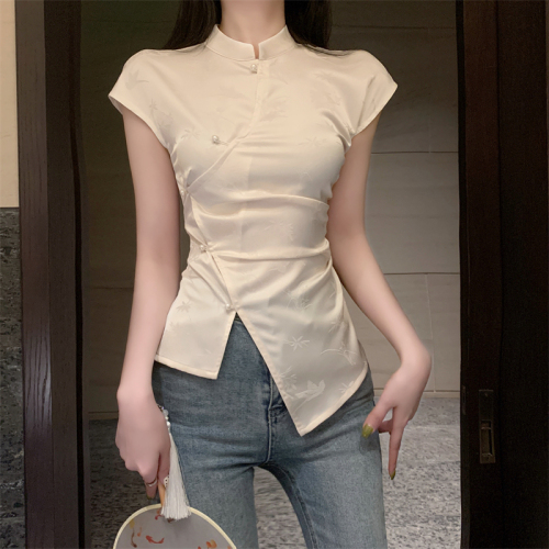 实拍 米白色无袖新中式国风T恤女夏季2024年修身显瘦别致上衣