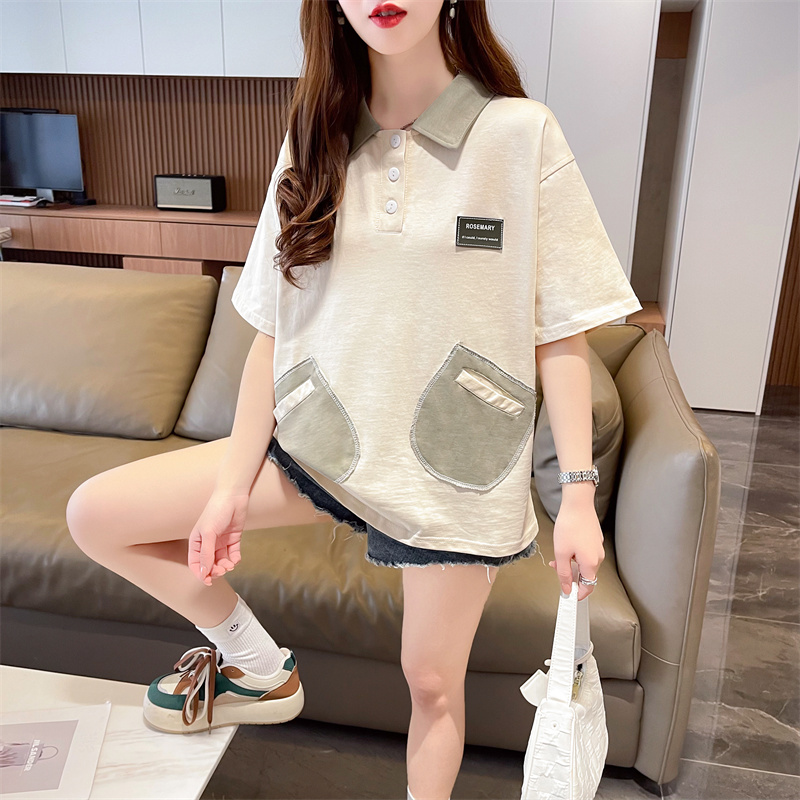 實拍 2024夏季新款韓版寬鬆POLO領拼色口袋百搭短袖T恤女