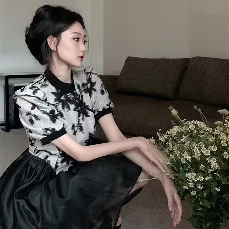 原版做法改良旗袍短袖連衣裙女裝2024夏季新款中式拼接中長款裙子