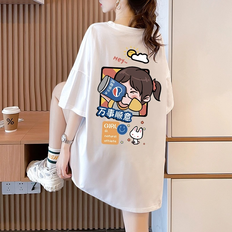 卡通印花設計感短袖t恤女2024新款夏季寬鬆純棉半袖中長款上衣ins