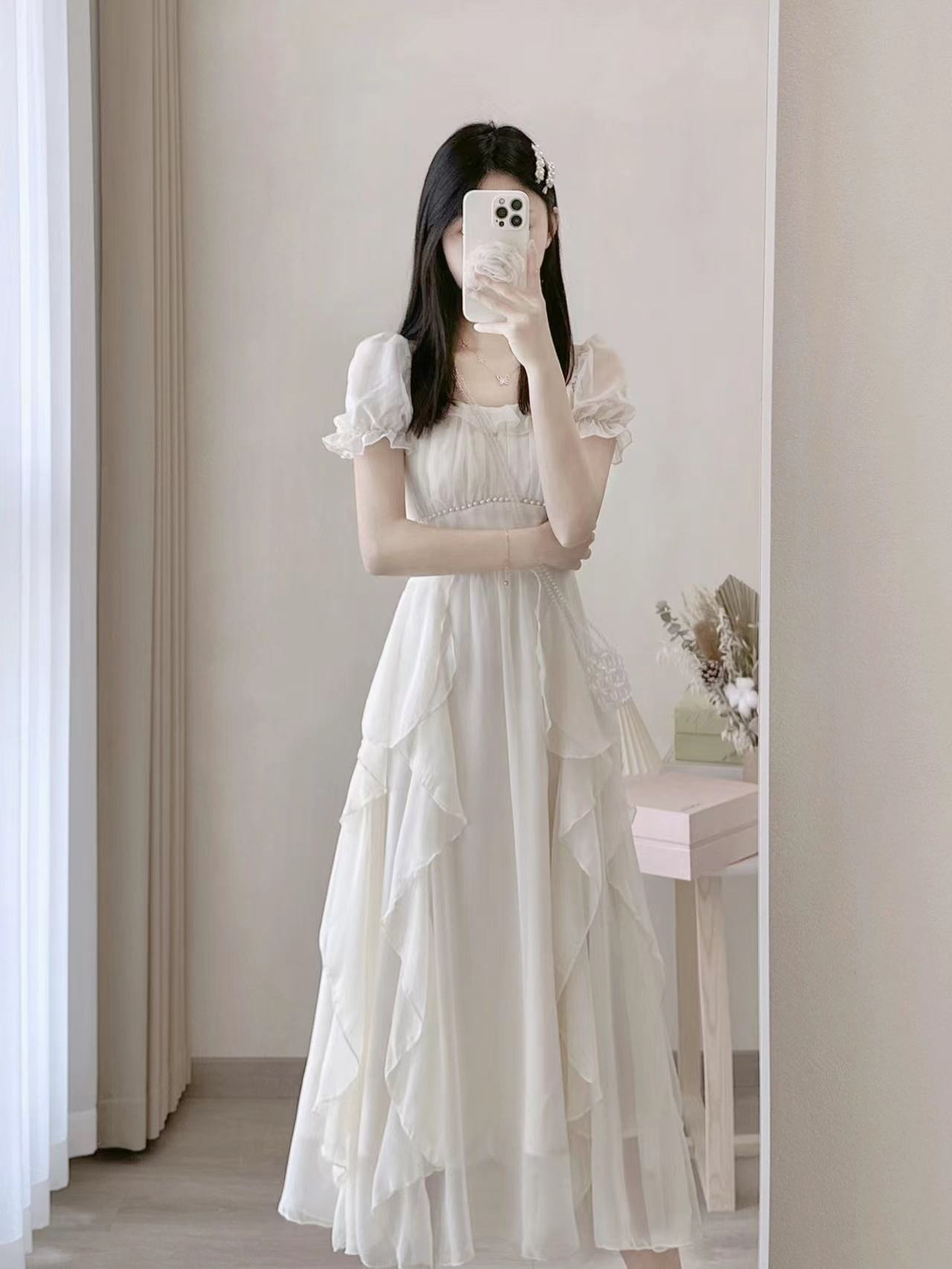 法式方領甜美溫柔仙女風連衣裙女夏季新款女裝收腰顯瘦中長款裙子