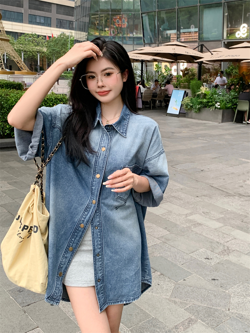 實拍~牛仔襯衫女短袖復古港味春夏新款韓版寬鬆襯衣牛仔外套