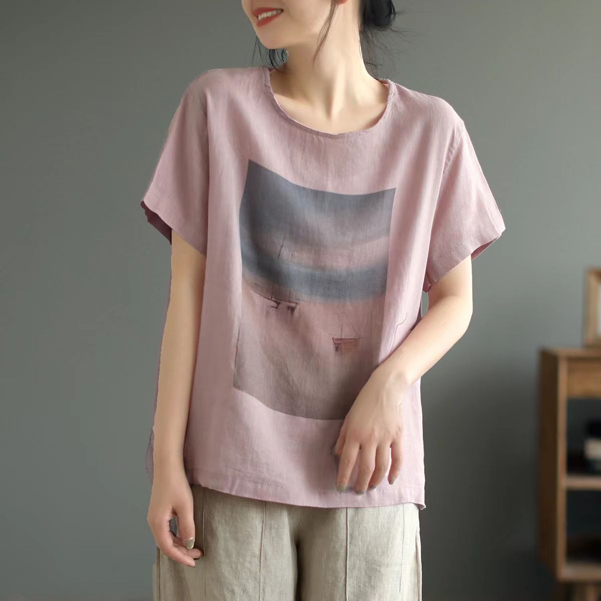 原創新款棉麻短袖T恤女復古印花亞麻薄體恤文藝寬鬆大碼夏裝上衣