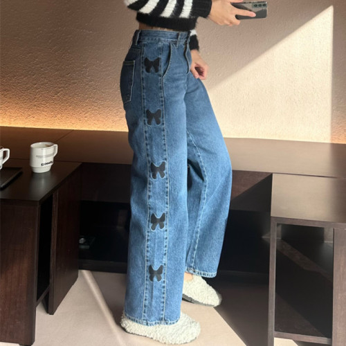 Embroidered bow Korean retro patchwork jeans